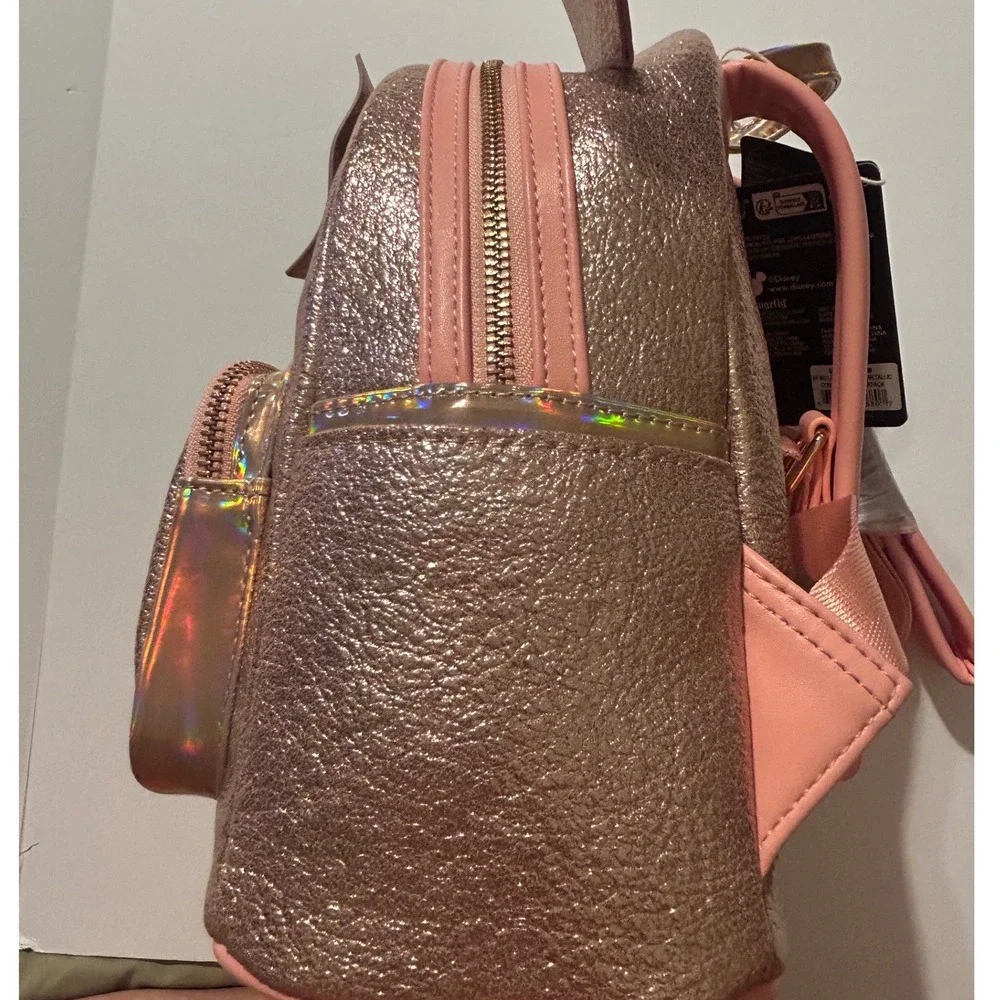 Disney Loungefly Minnie Mouse Rose Gold Metallic Mini Backpack with Bow NEW